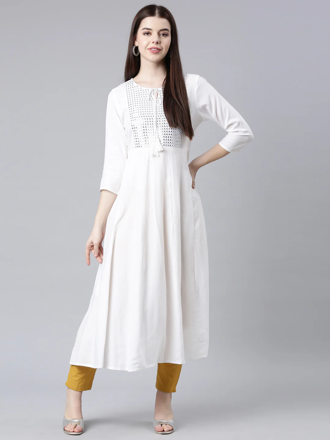 Neerus Off White Straight Casual Solid Anarkali Kurta - Image 7