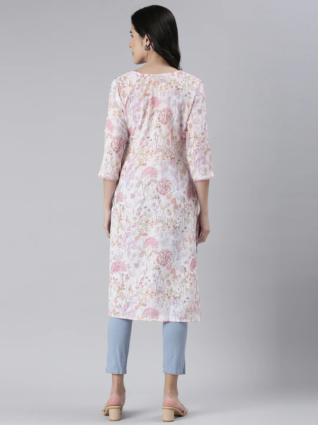 Neerus Off White Straight Printed Cotton Kurta - Image 3