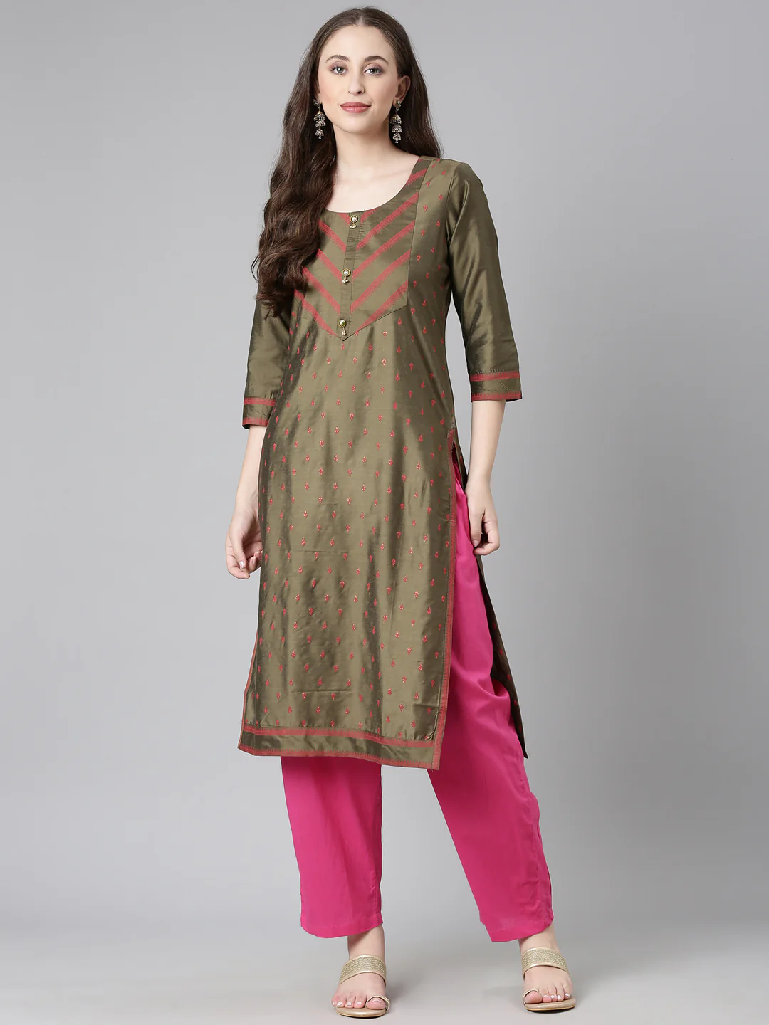 Neerus Olive Casual Solid Straight Kurta - Image 5
