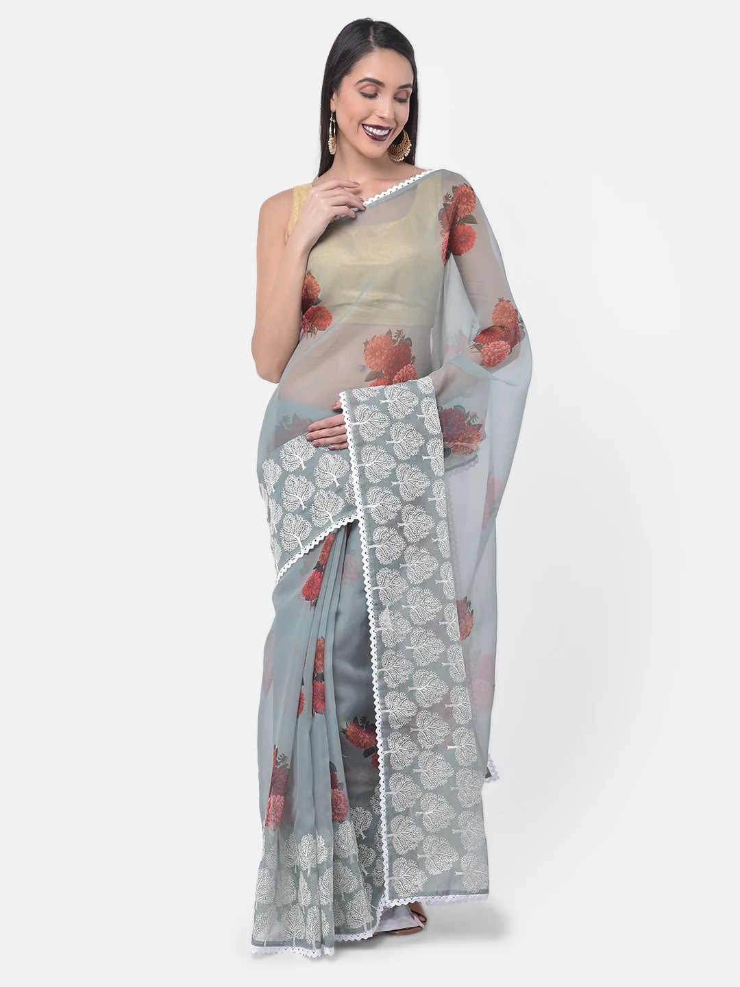Neerus Olive Color Organza Fabric Saree