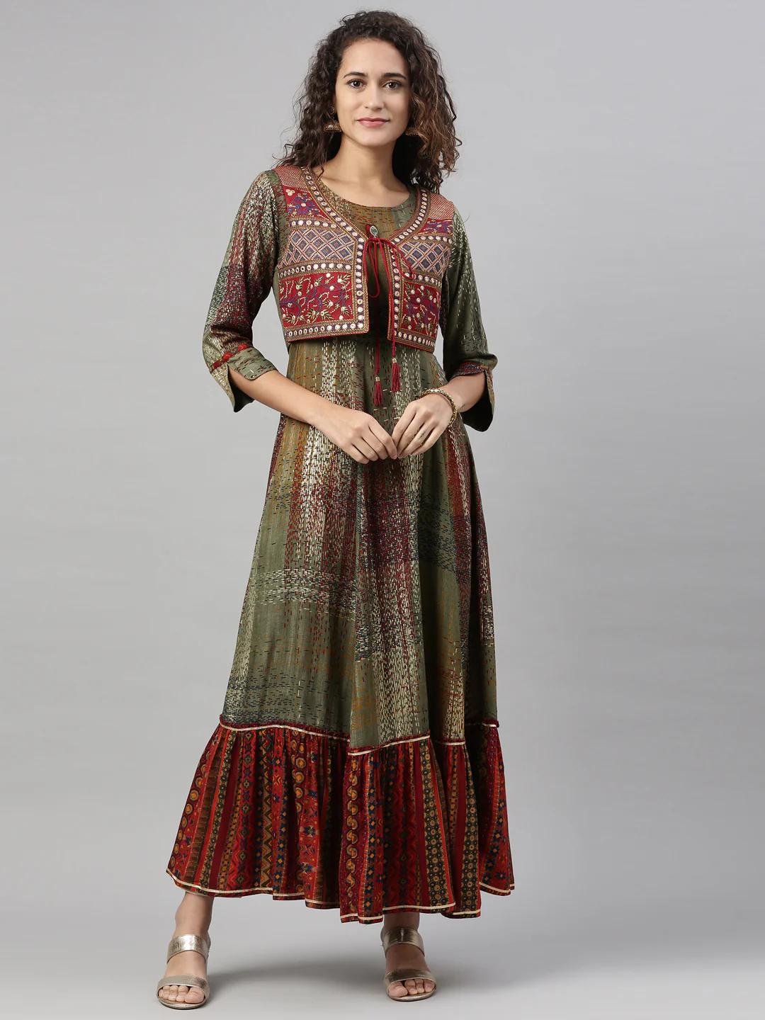 Neerus Olive Color Rayon Fabric Kurta