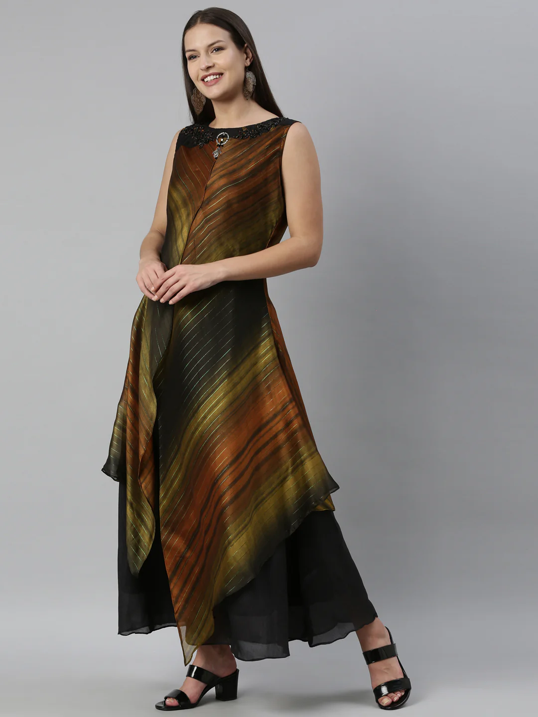Neerus Olive Color Silk Fabric Kurta - Image 3