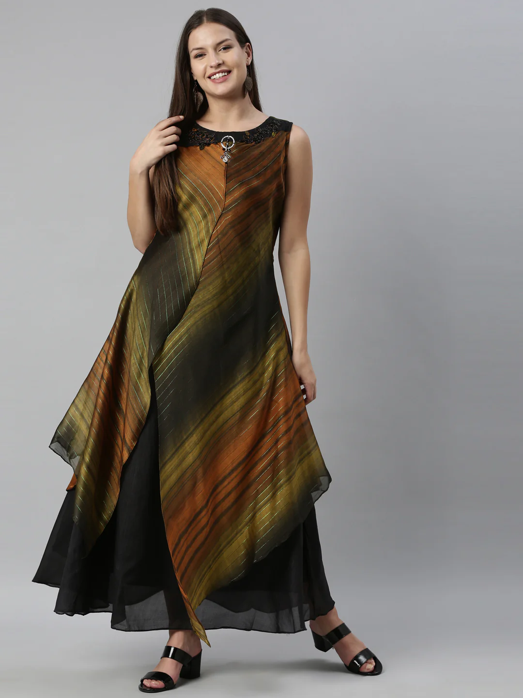 Neerus Olive Color Silk Fabric Kurta - Image 6