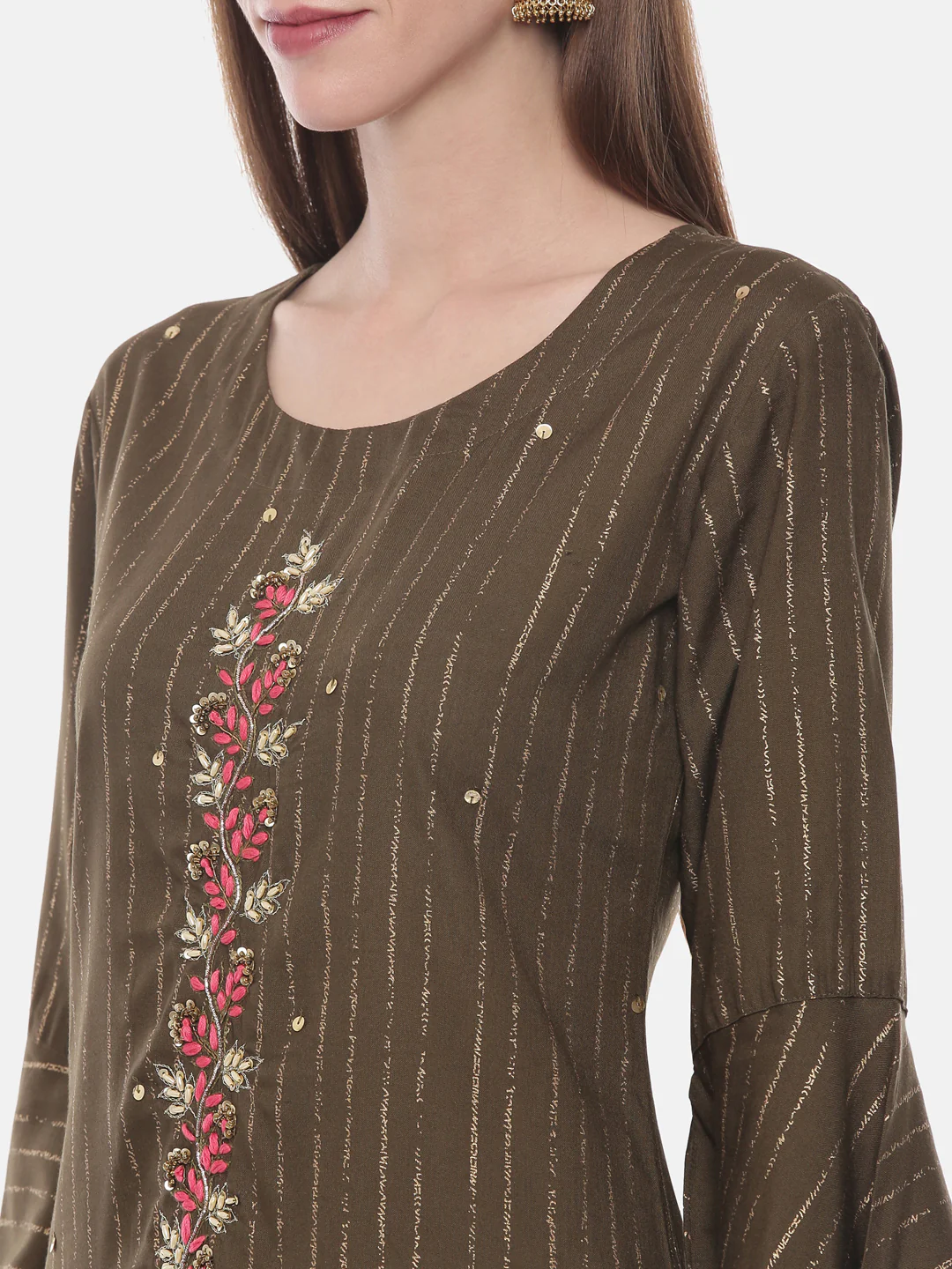 Neerus Olive Embellished Straight Kurta - Image 2
