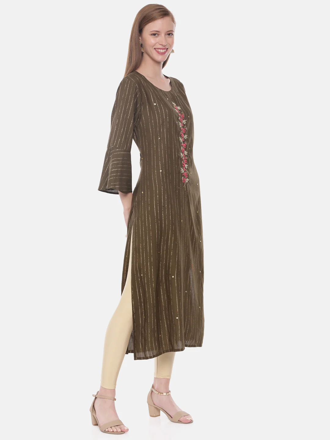 Neerus Olive Embellished Straight Kurta - Image 4
