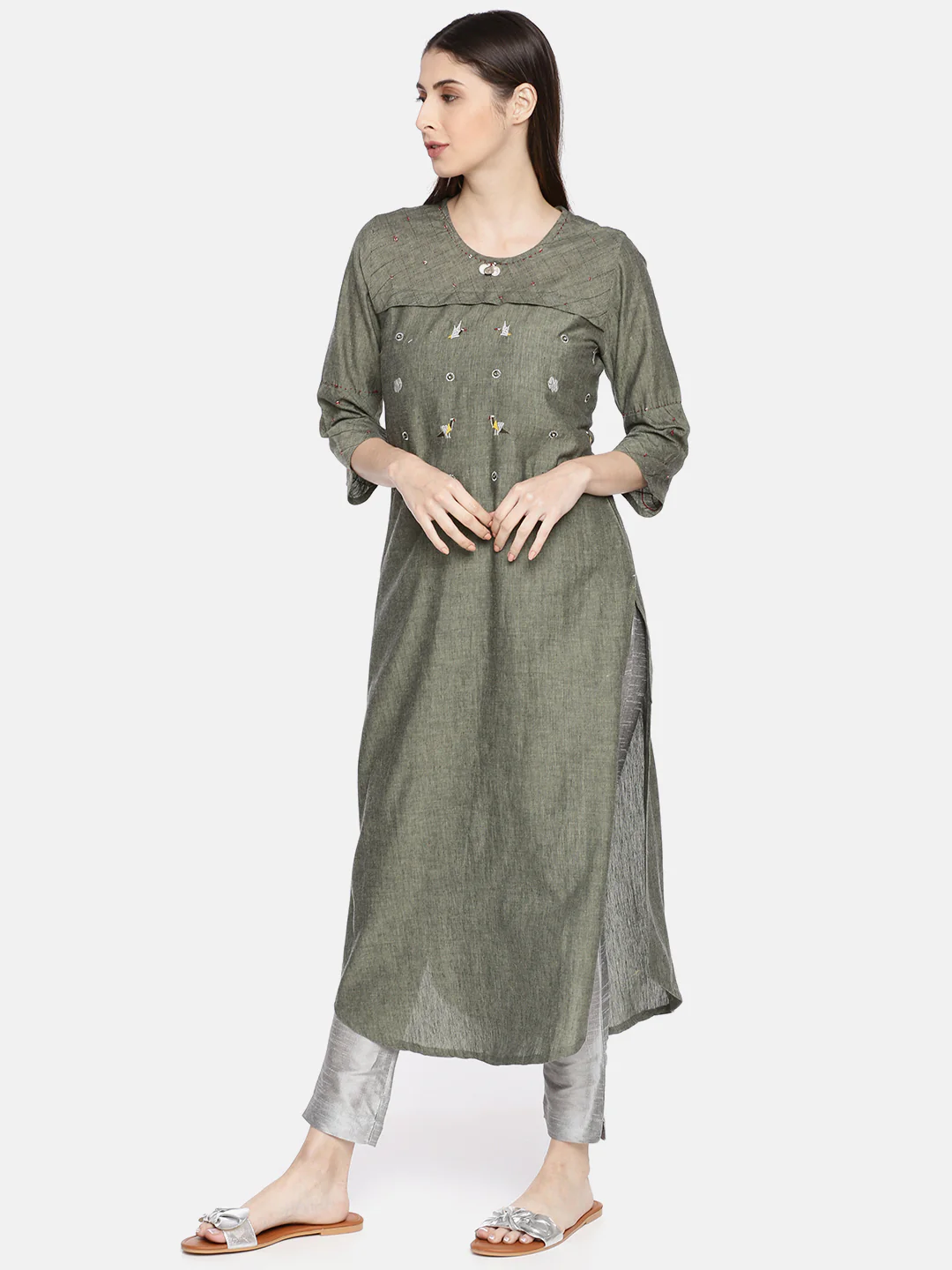 Neerus Olive Embellished Straight Kurta - Image 3