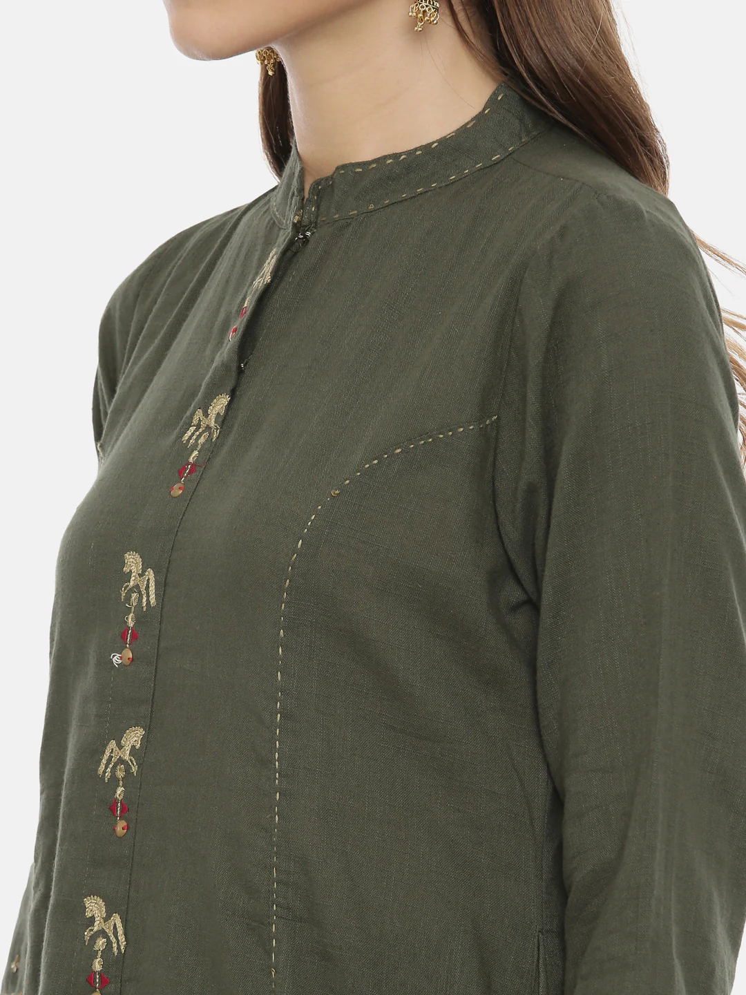 Neerus Olive Embroidered A Line Kurta - Image 2
