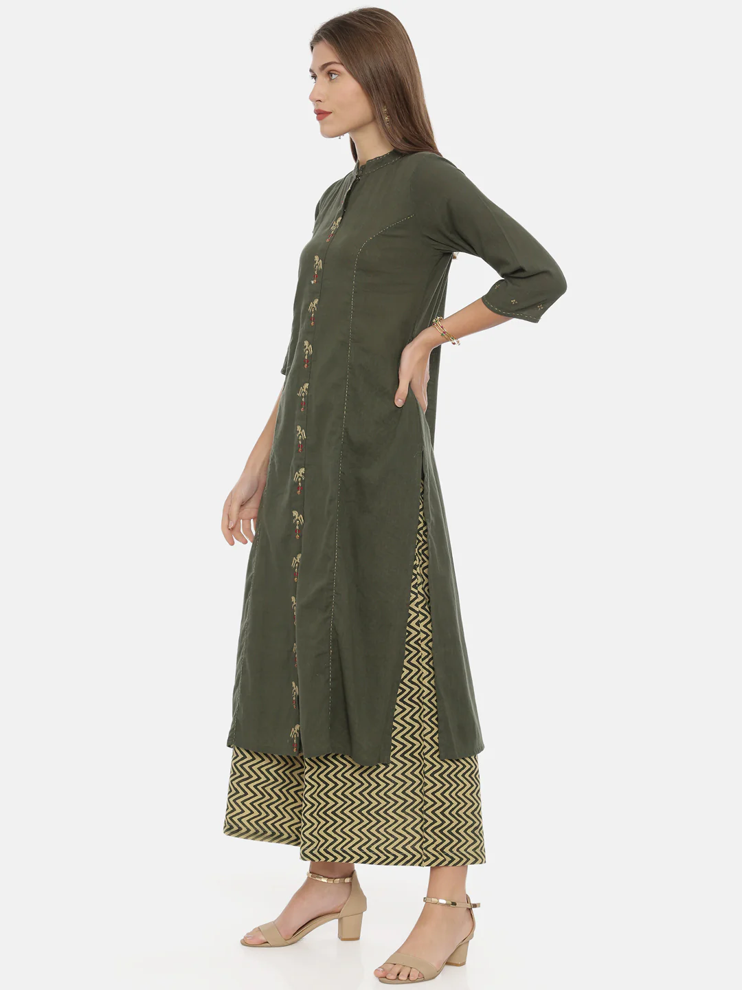 Neerus Olive Embroidered A Line Kurta - Image 3