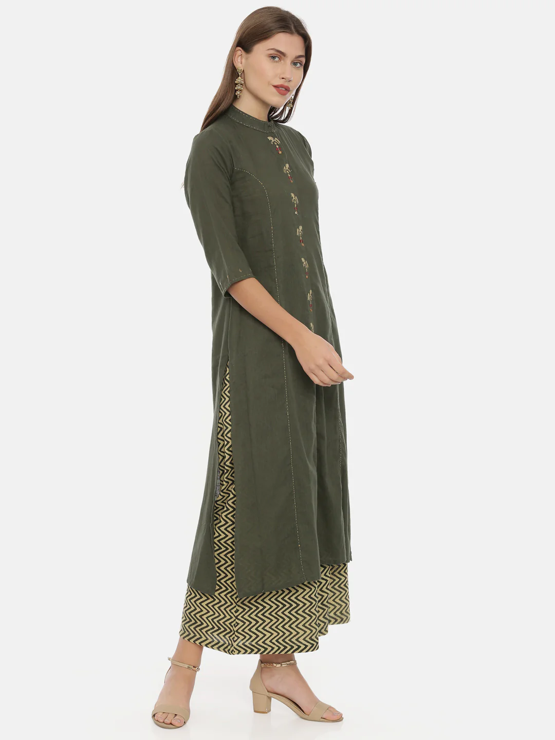 Neerus Olive Embroidered A Line Kurta - Image 4
