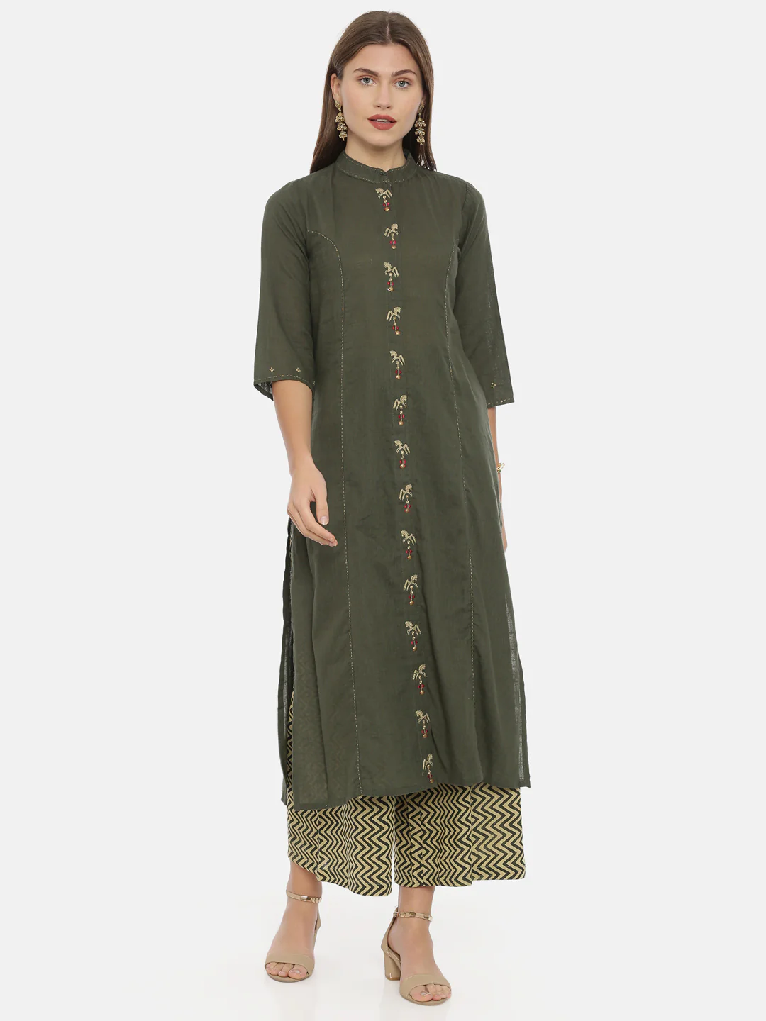 Neerus Olive Embroidered A Line Kurta - Image 6