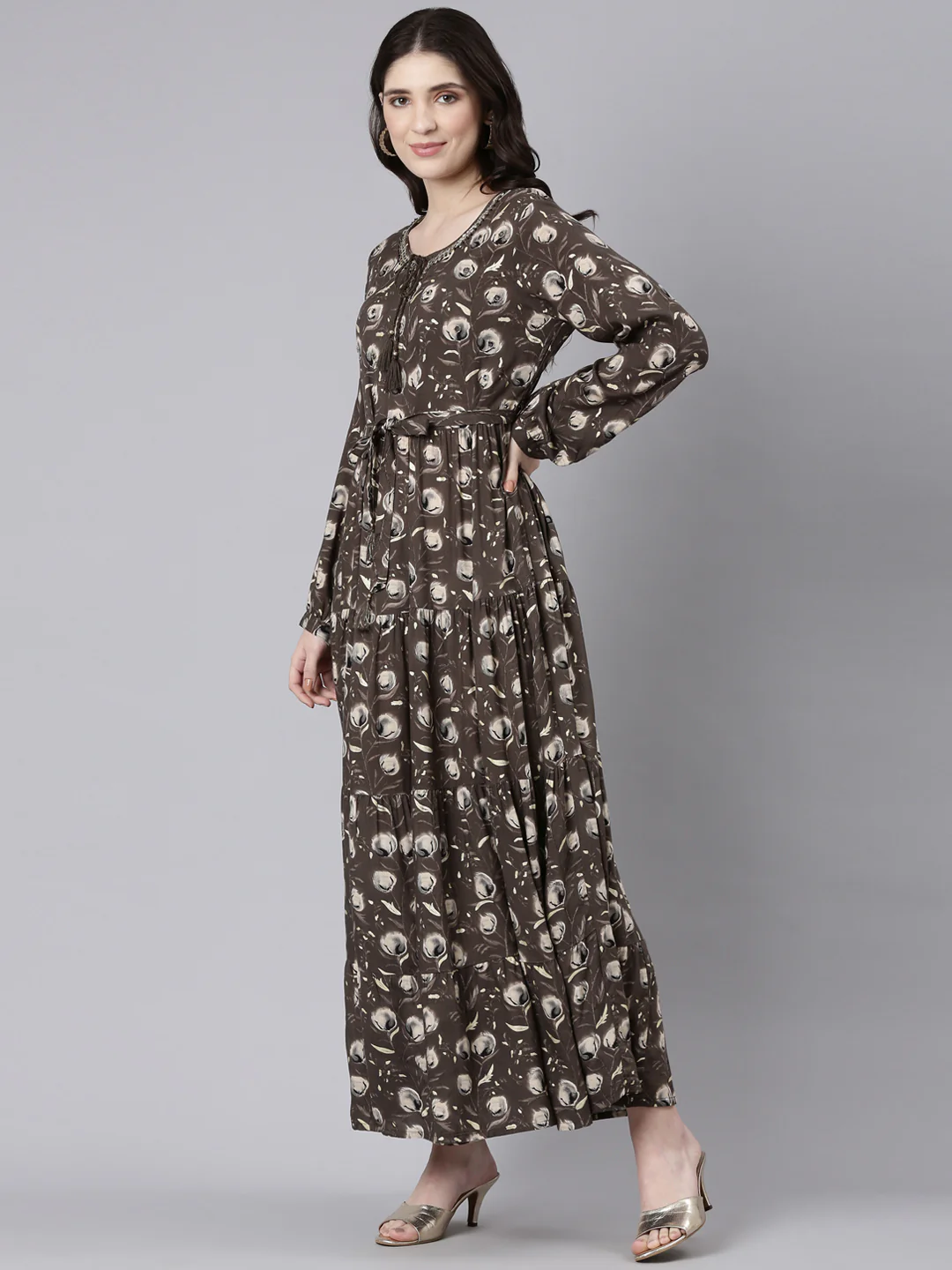 Neerus Olive Flared Casual Printed Fit And Flare Dresses - Image 2