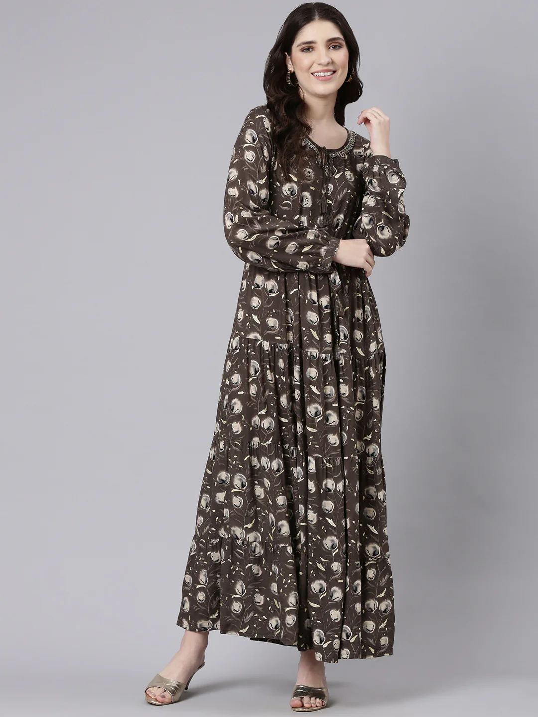 Neerus Olive Flared Casual Printed Fit And Flare Dresses - Image 5