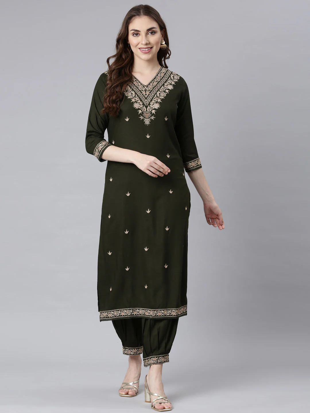 Neerus Olive Panelled Straight Ethnic Motifs Kurta And Churidar With Dupatta - Image 5