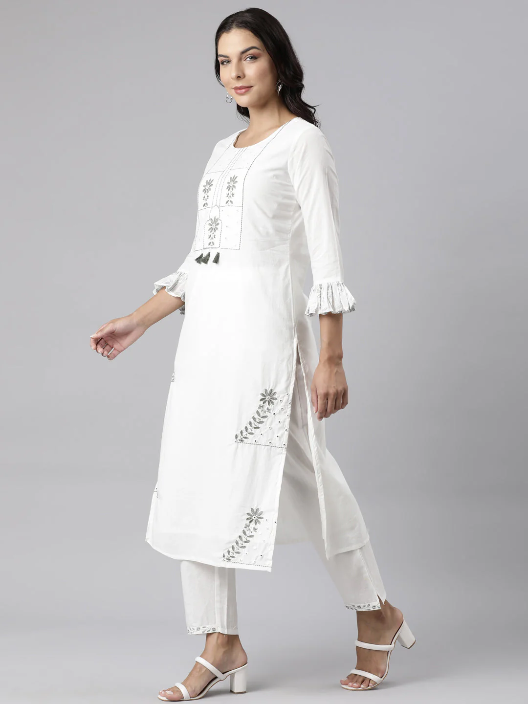 Neerus Olive Panelled Straight Printed Kurta And Trousers With Dupatta - Image 2