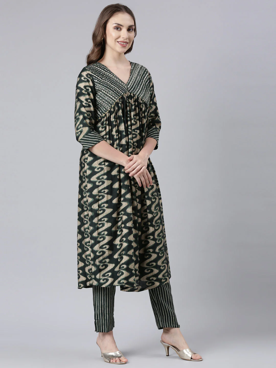 Neerus Olive Panelled Straight Printed Kurta And Trousers With Dupatta - Image 3