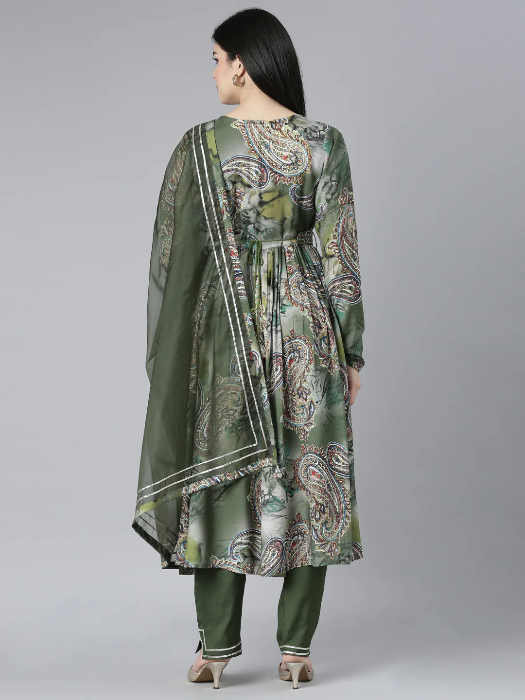 Neerus Olive Pleated Straight Paisley Kurta And Trousers With Dupatta - Image 3