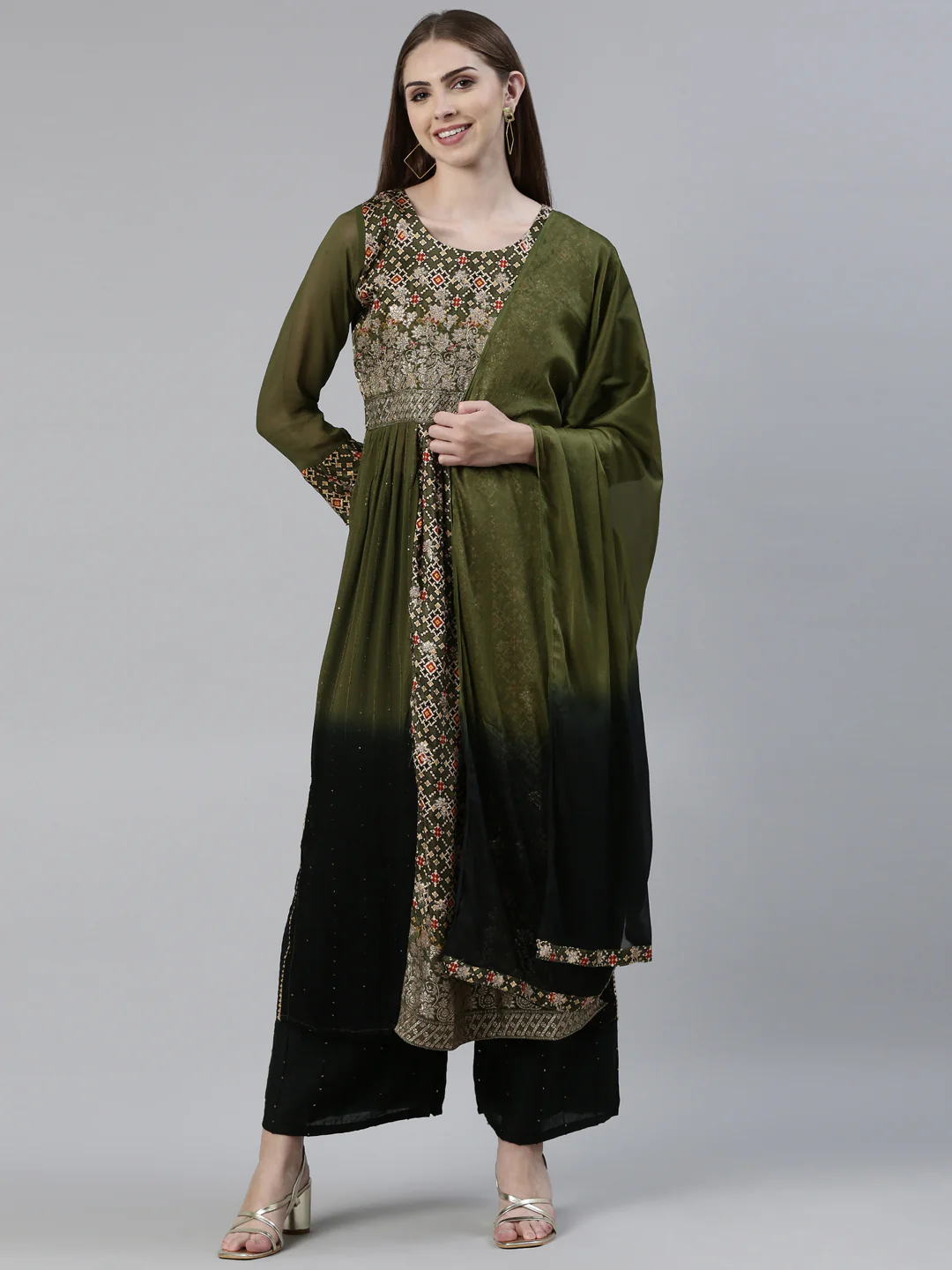 Neerus Olive Regular Knee Length Printed Kurta Solid Palazzos With Dupatta