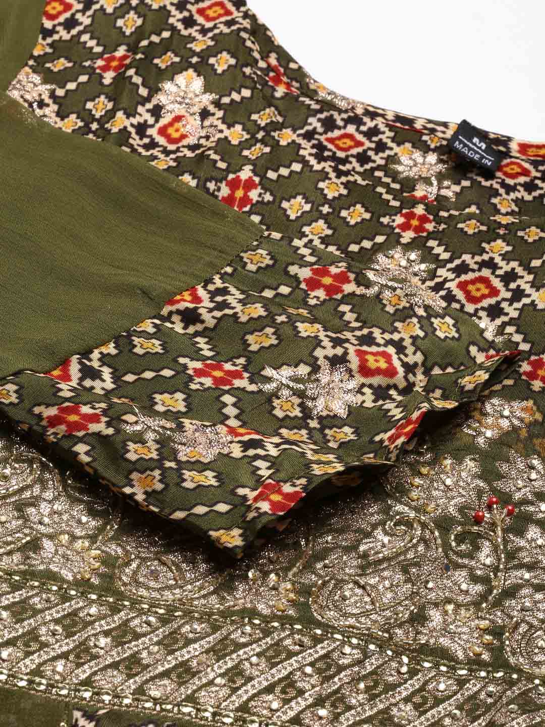 Neerus Olive Regular Knee Length Printed Kurta Solid Palazzos With Dupatta - Image 5