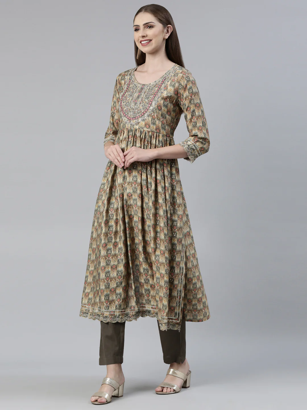 Neerus Olive Regular Knee Length Printed Kurta Solid Trousers With Dupatta - Image 2