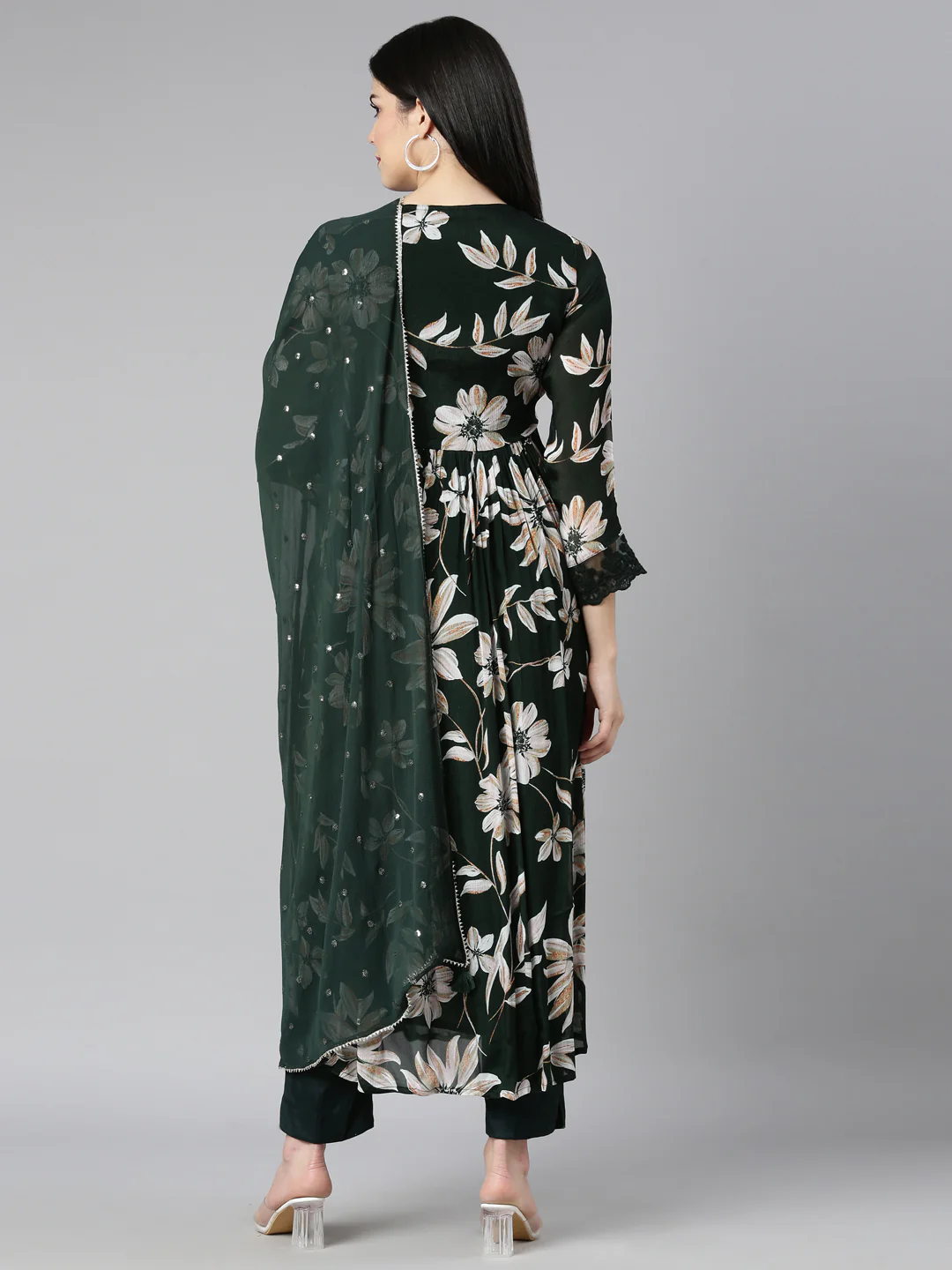 Neerus Olive Regular Straight Floral Kurta And Trousers With Dupatta - Image 3
