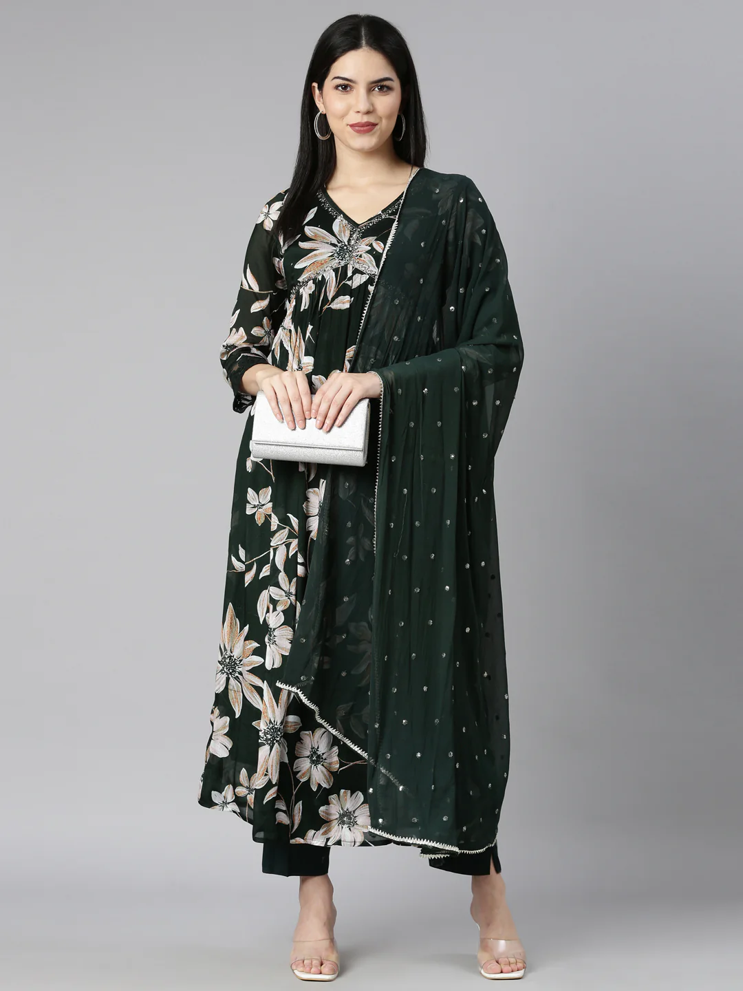 Neerus Olive Regular Straight Floral Kurta And Trousers With Dupatta - Image 4