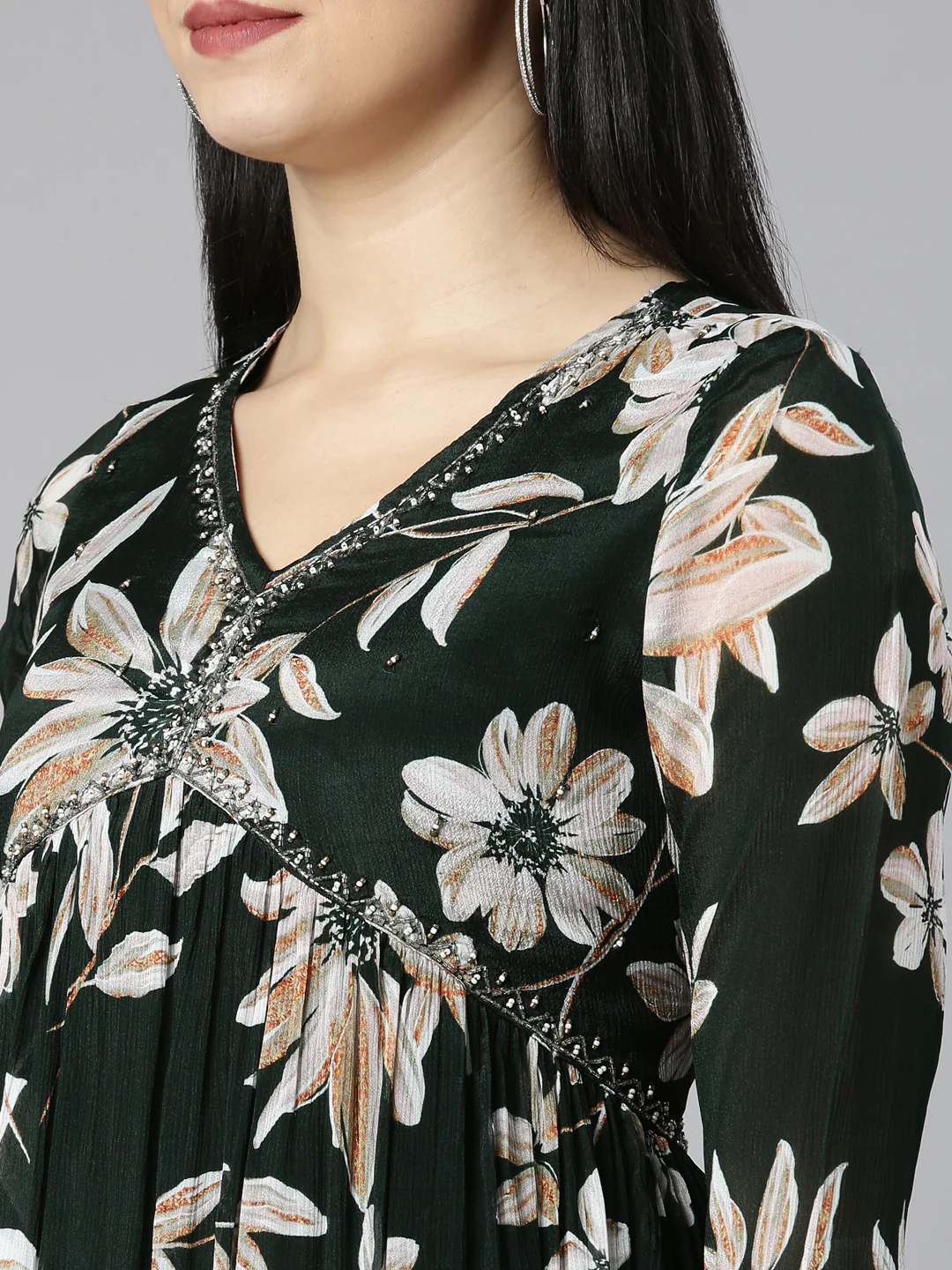 Neerus Olive Regular Straight Floral Kurta And Trousers With Dupatta - Image 5