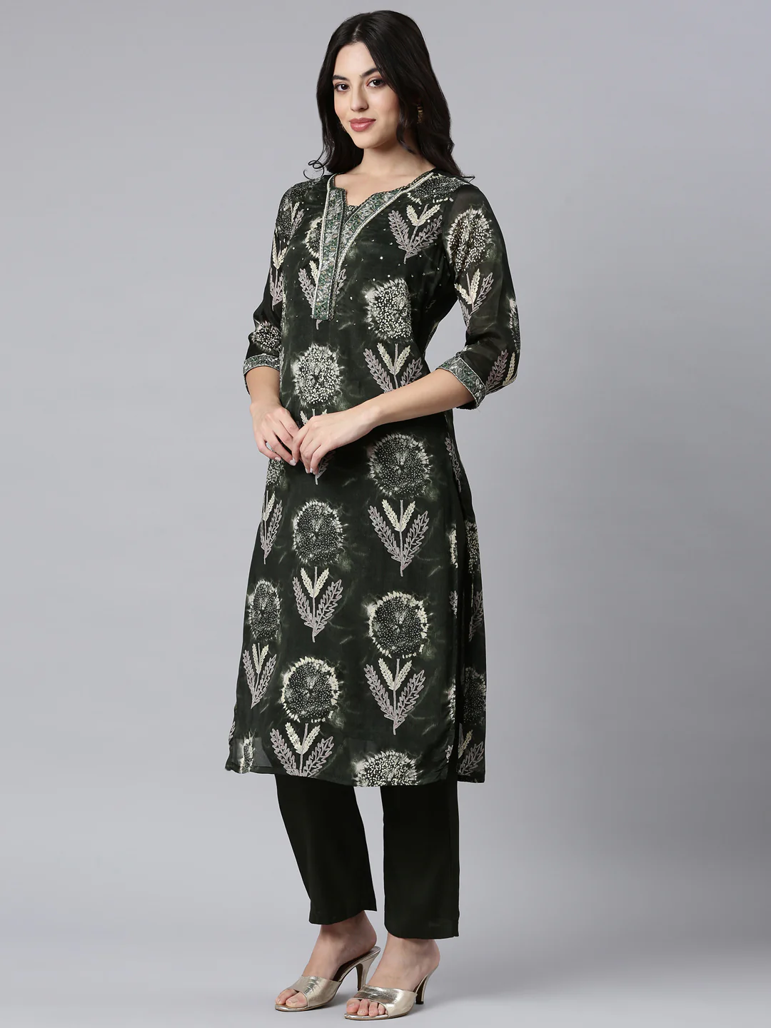 Neerus Olive Regular Straight Floral Kurta And Trousers With Dupatta - Image 2