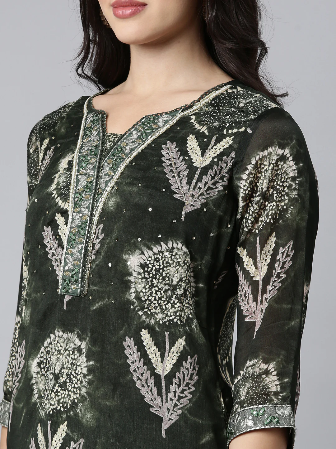 Neerus Olive Regular Straight Floral Kurta And Trousers With Dupatta - Image 4
