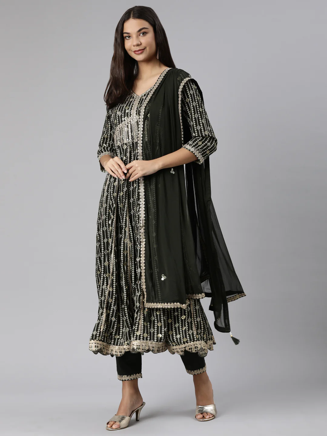 Neerus Olive Regular Straight Floral Kurta And Trousers With Dupatta - Image 5
