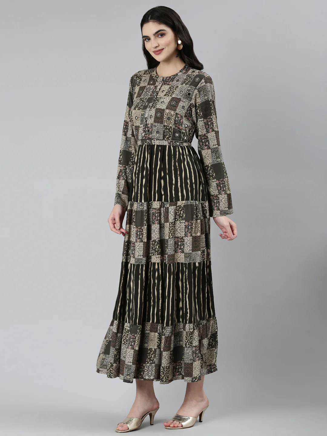 Neerus Olive Straight Casual Chevron Dresses - Image 2