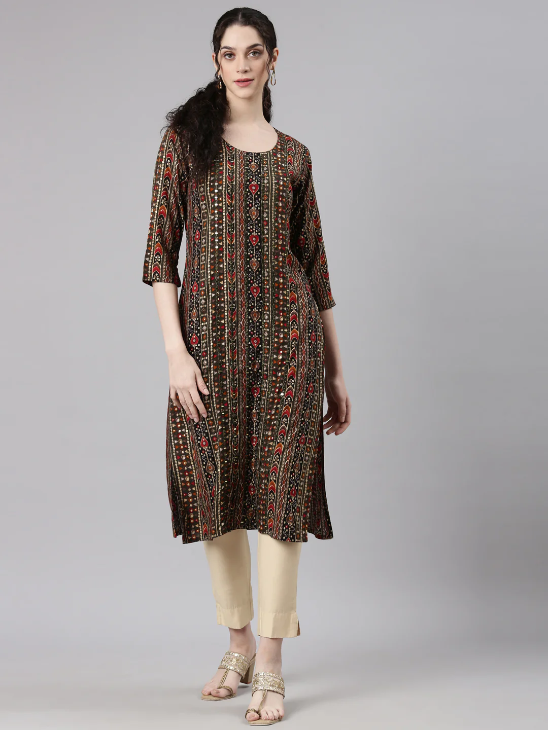 Neerus Olive Straight Casual Embellished Kurta