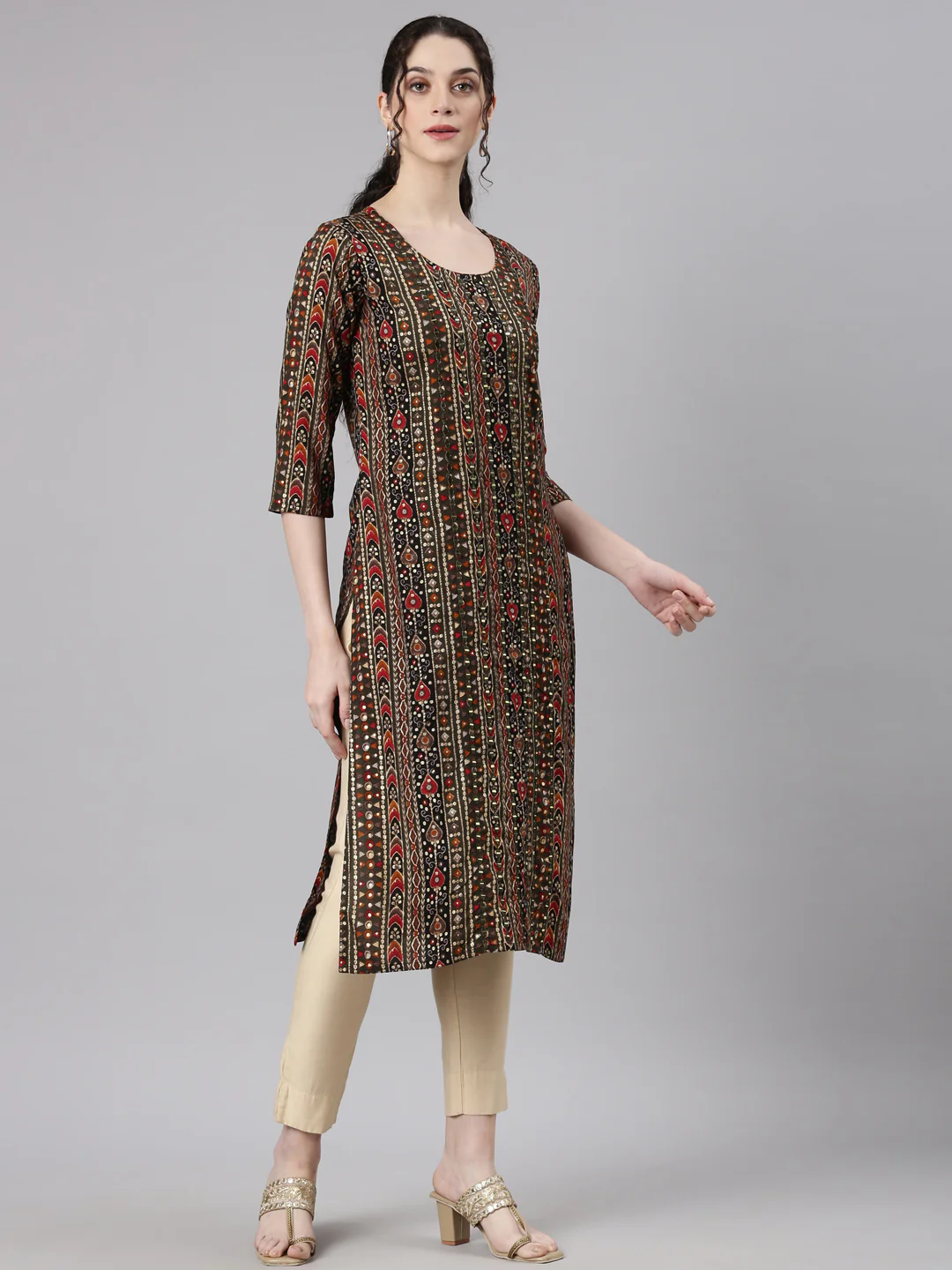 Neerus Olive Straight Casual Embellished Kurta - Image 3
