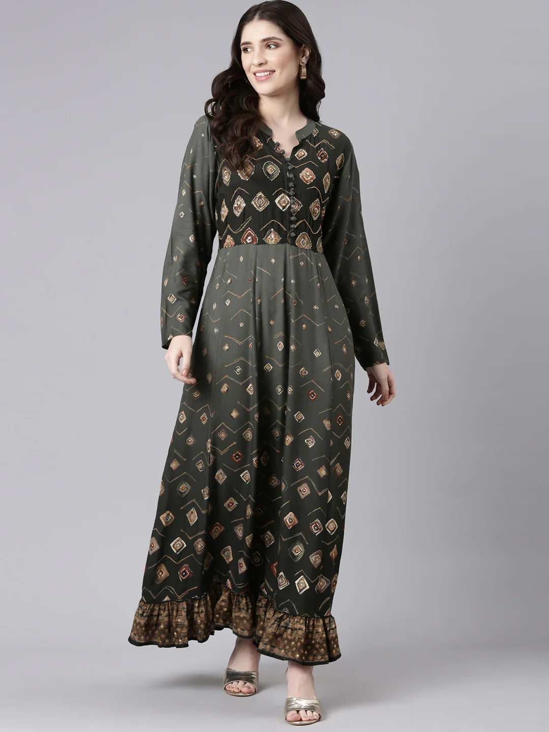 Neerus Olive Straight Casual Printed Maxi Dresses - Image 5