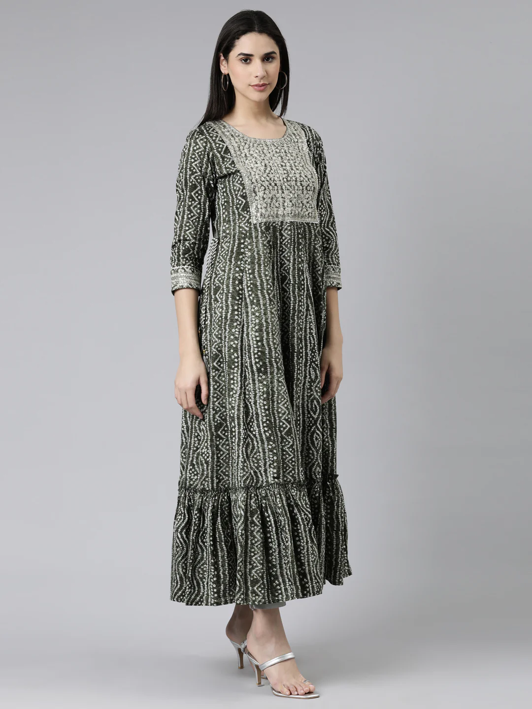 Neerus Olive Straight Embroidered Cotton Kurta - Image 2