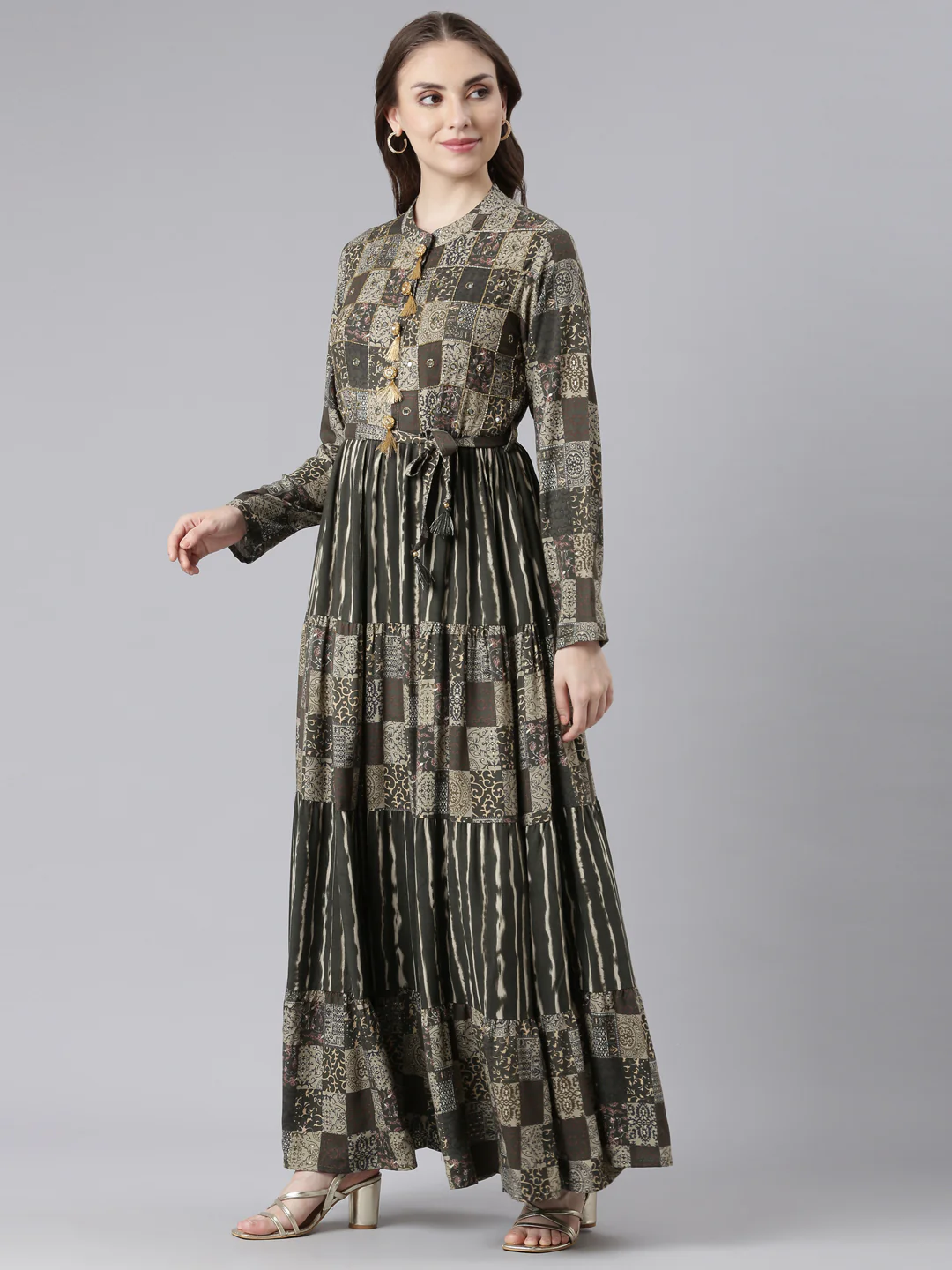 Neerus Olive Viscose Rayon Curved Casual Geometric Maxi Dresses. - Image 2