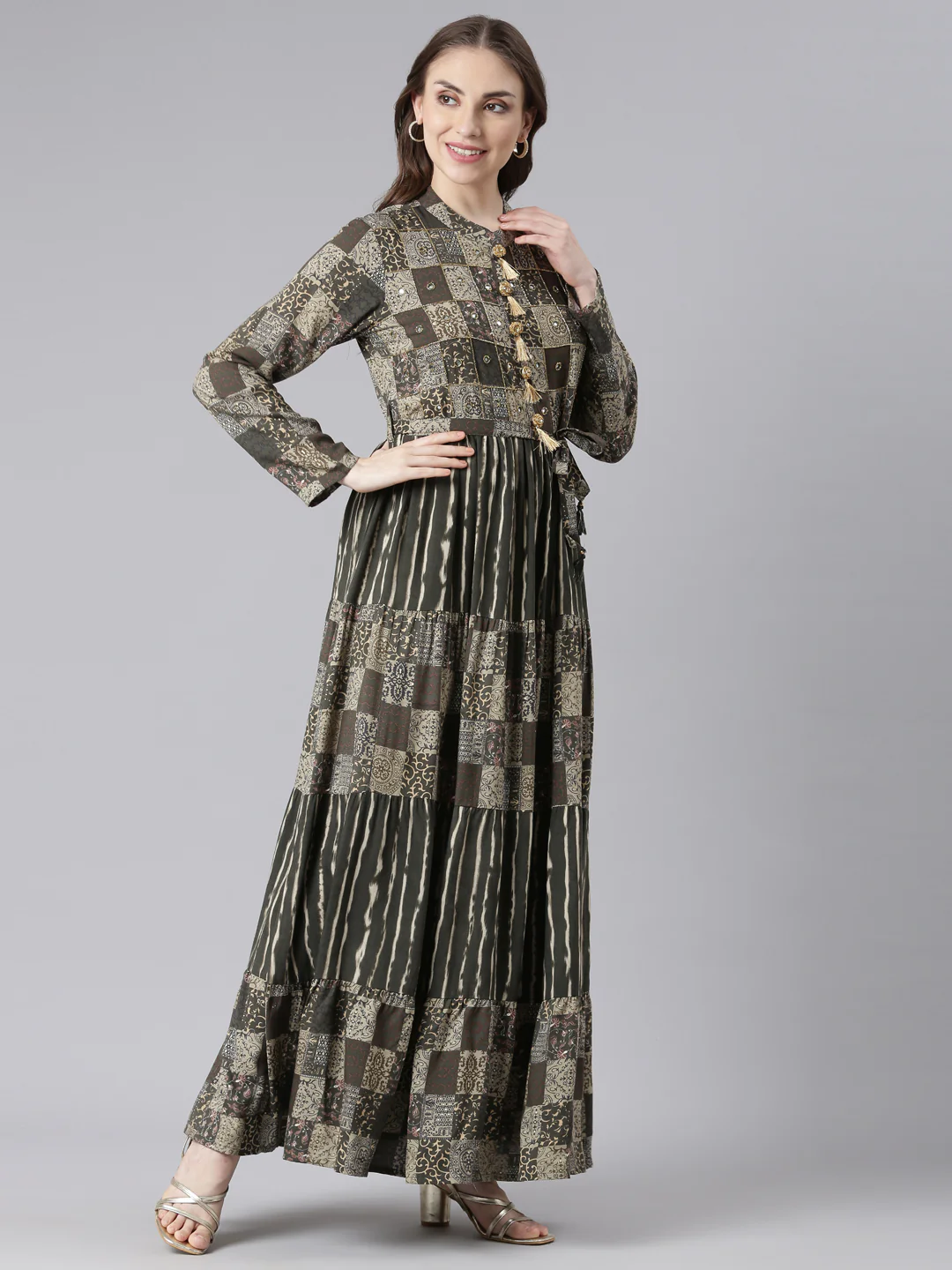 Neerus Olive Viscose Rayon Curved Casual Geometric Maxi Dresses. - Image 3