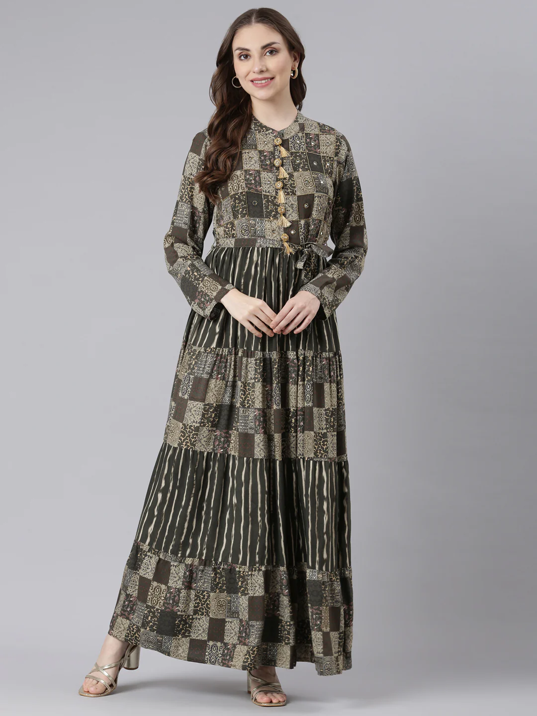 Neerus Olive Viscose Rayon Curved Casual Geometric Maxi Dresses. - Image 6