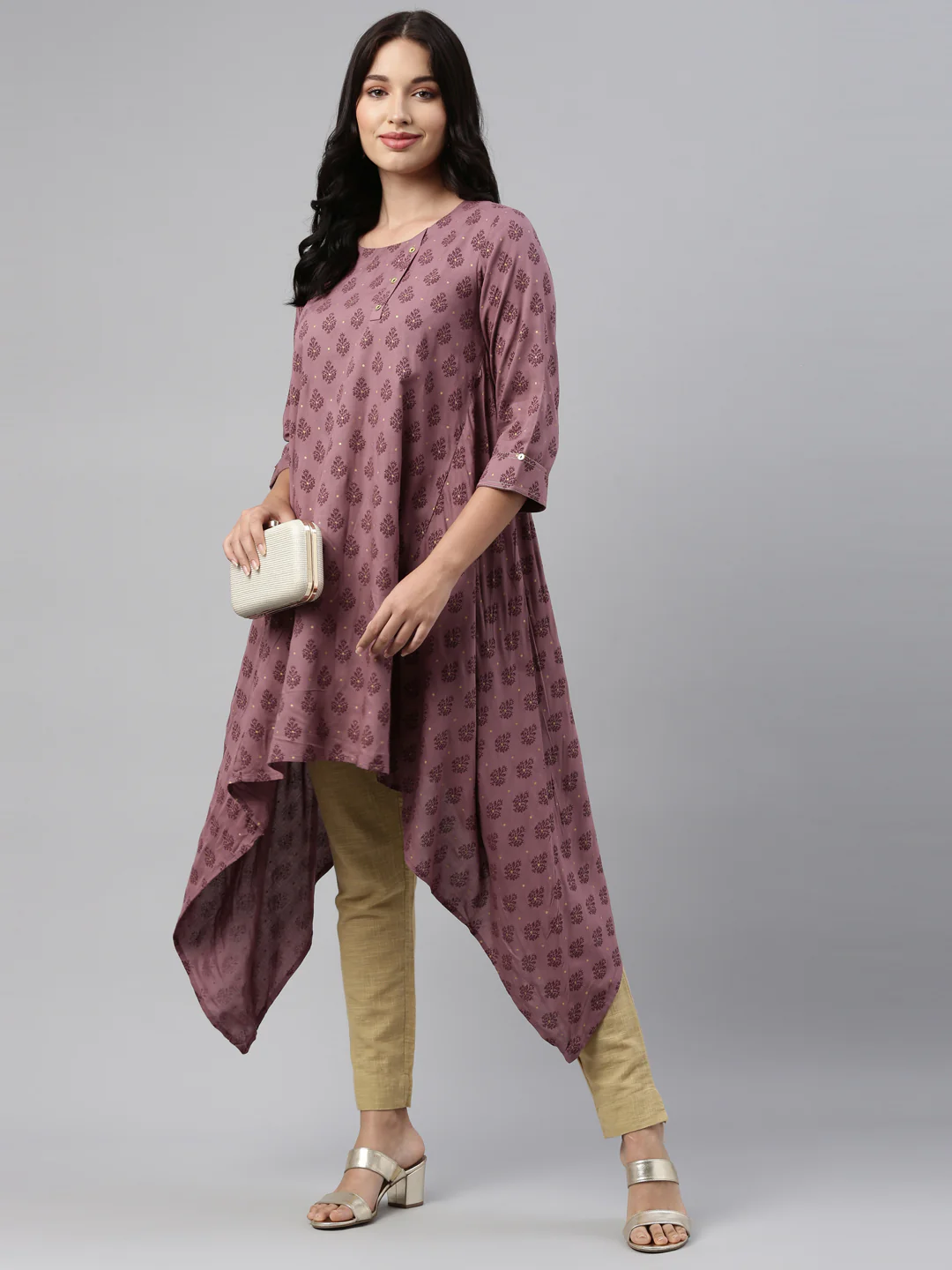 Neerus Onion Color Cotton Fabric Tunic