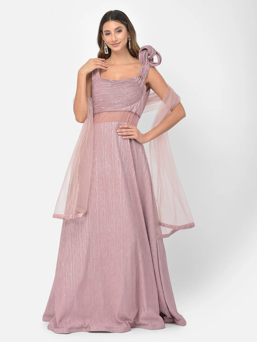 Neerus Onion Color Lycra Fabric Gown - Image 15