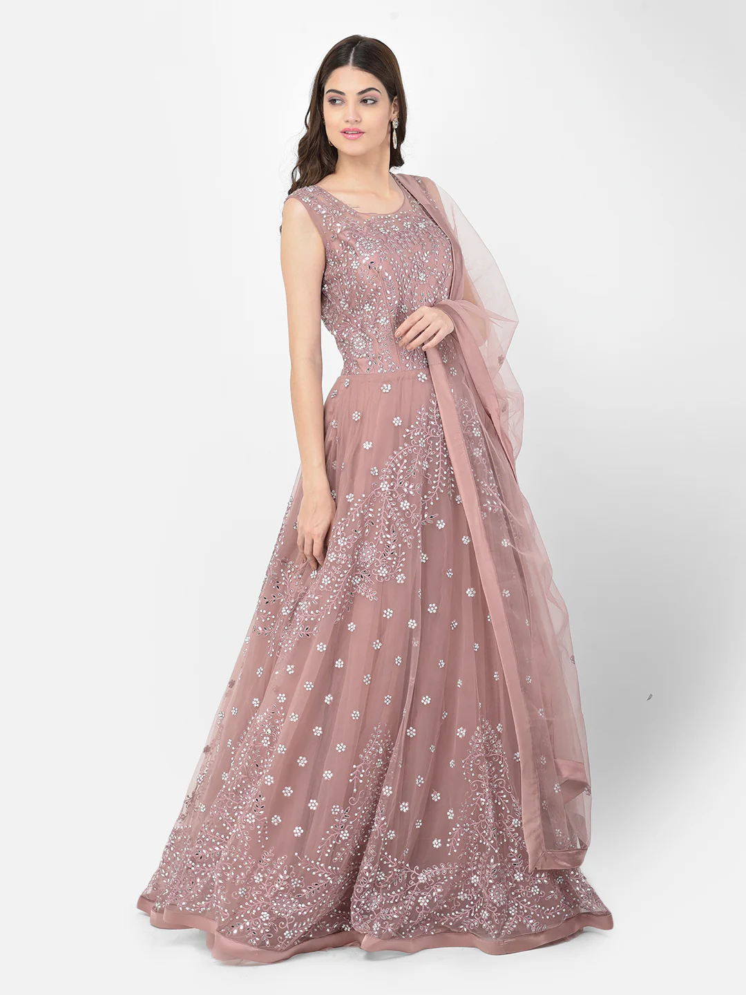 Neerus Onion Color Nett Fabric Gown - Image 4