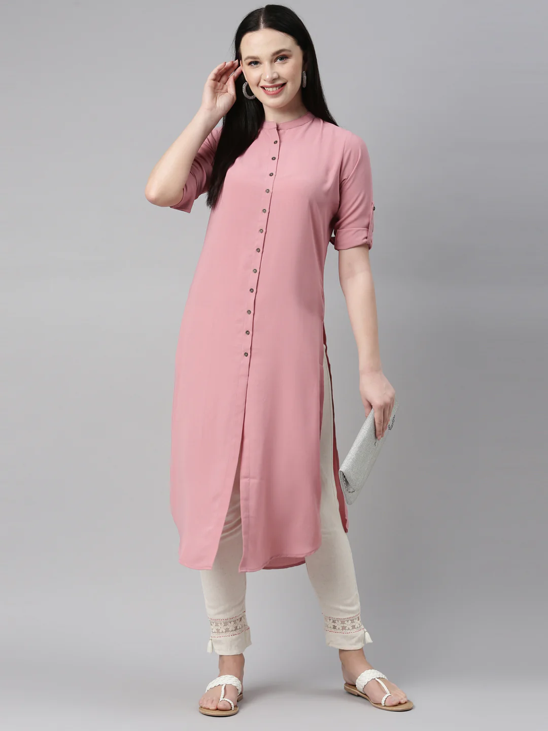 Neerus Onion Color Slub Rayon Fabric Kurta - Image 14