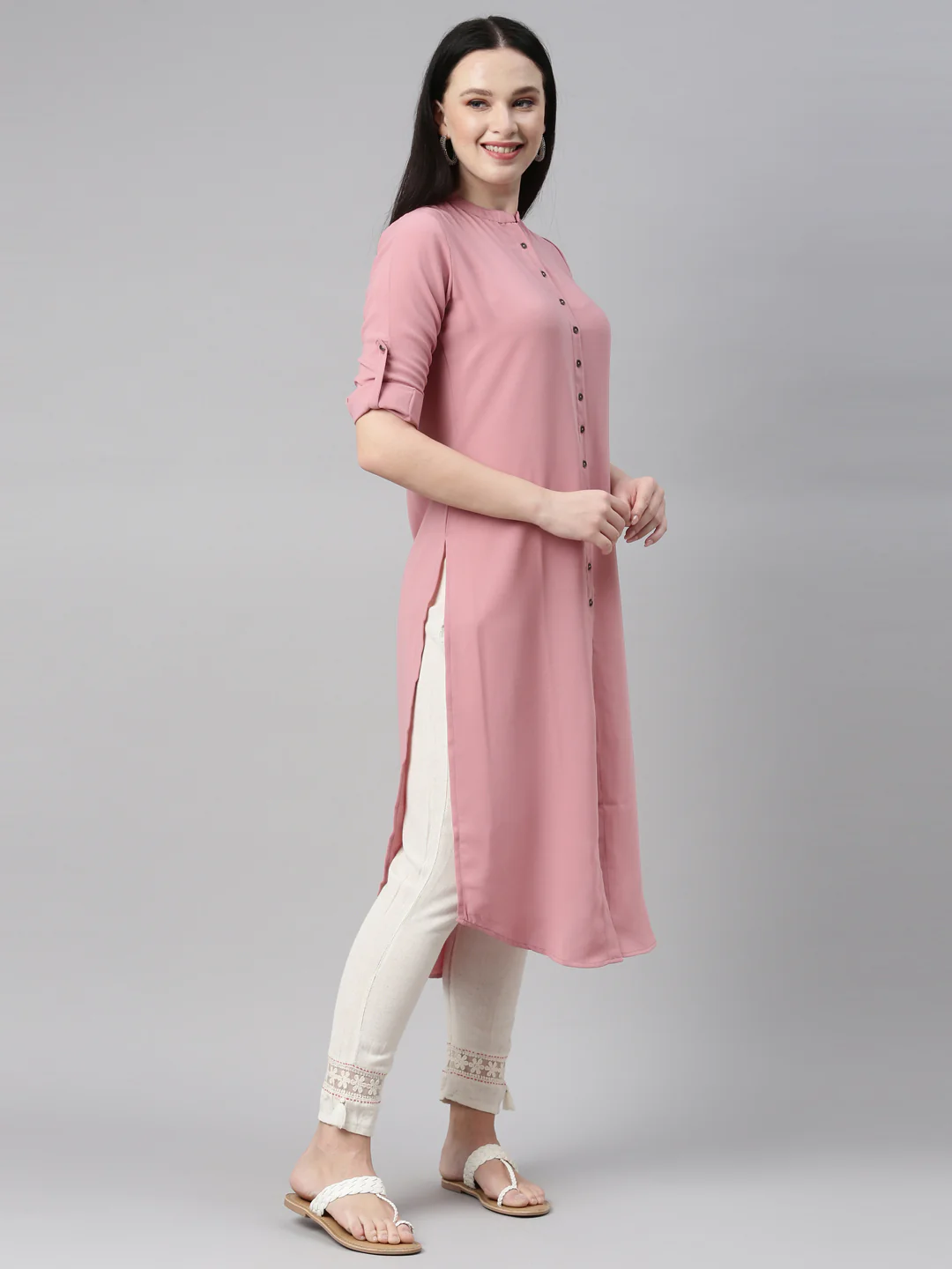 Neerus Onion Color Slub Rayon Fabric Kurta - Image 4