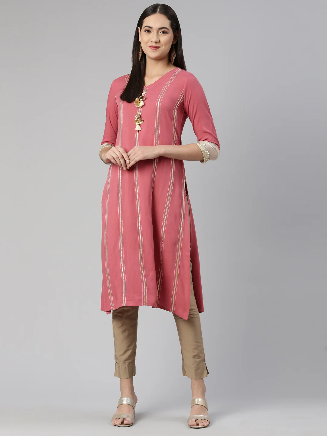 Neerus Onion Straight Straight Cotton Silk Kurta