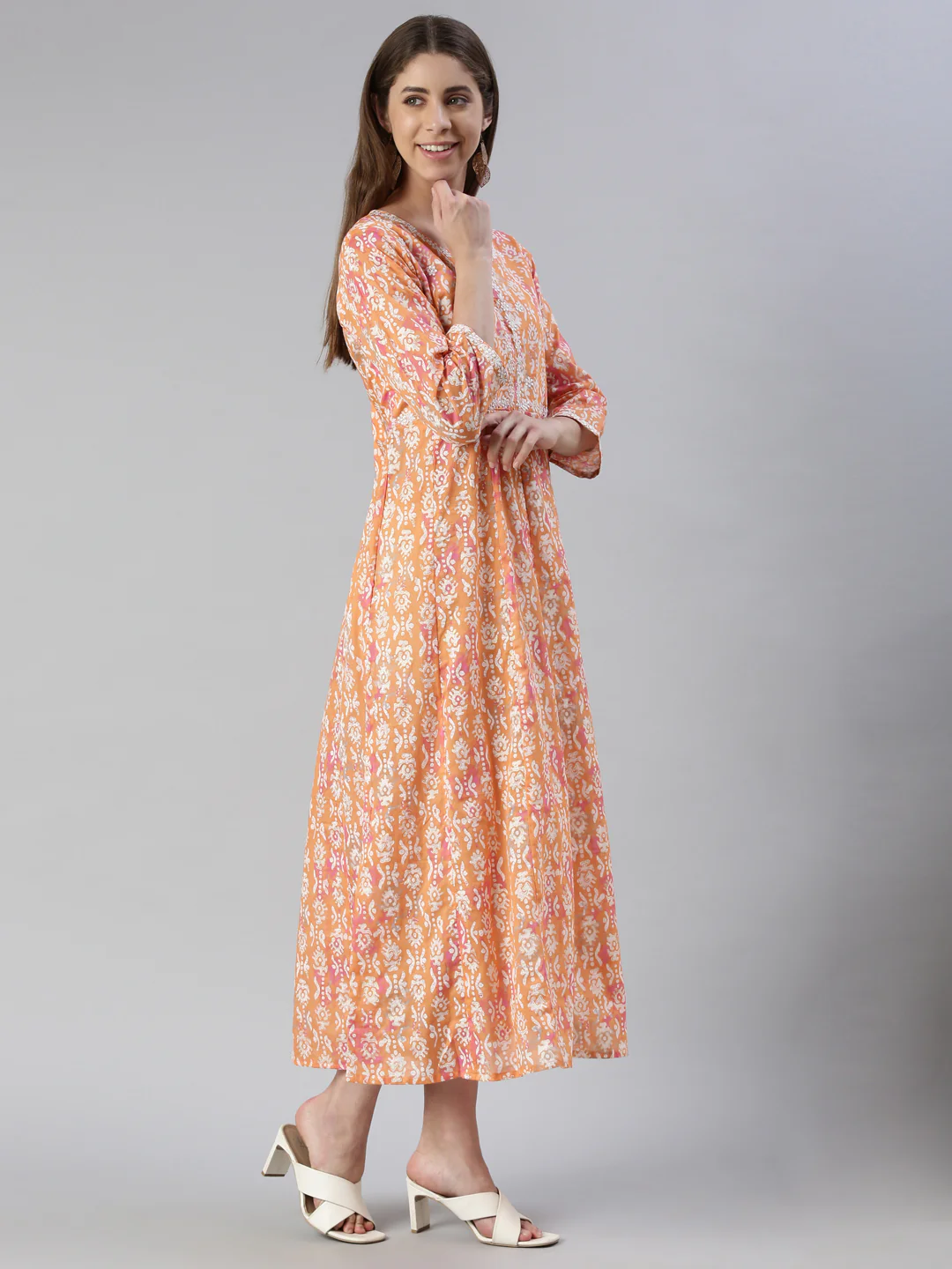 Neerus Orange Anarkali Printed Cotton Kurta - Image 2