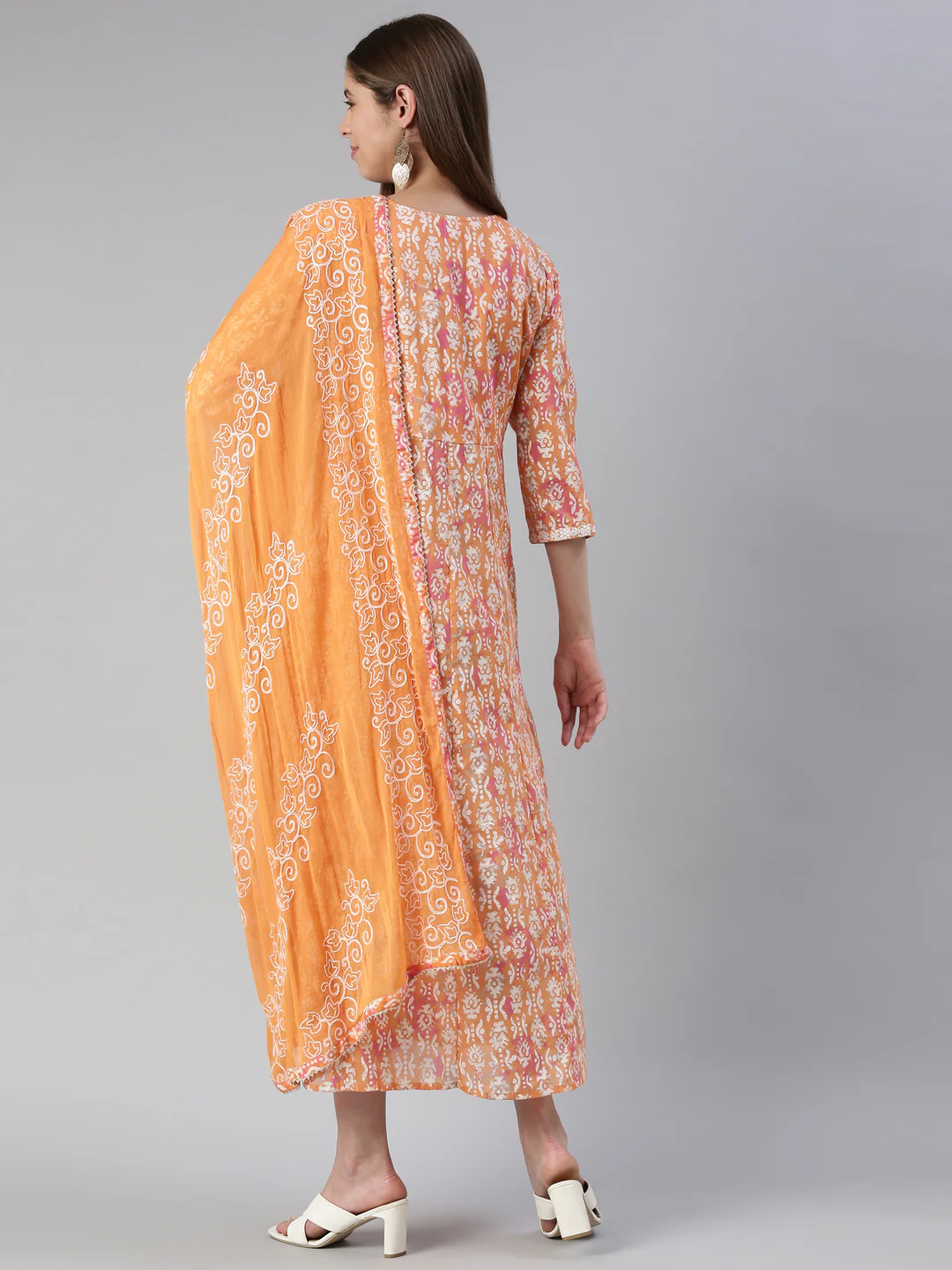 Neerus Orange Anarkali Printed Cotton Kurta - Image 3