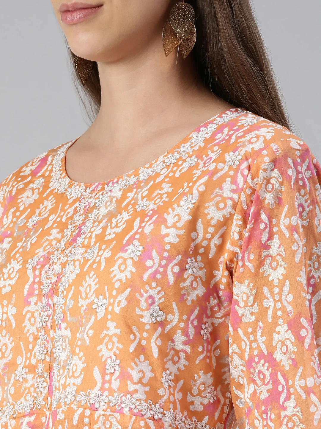 Neerus Orange Anarkali Printed Cotton Kurta - Image 4