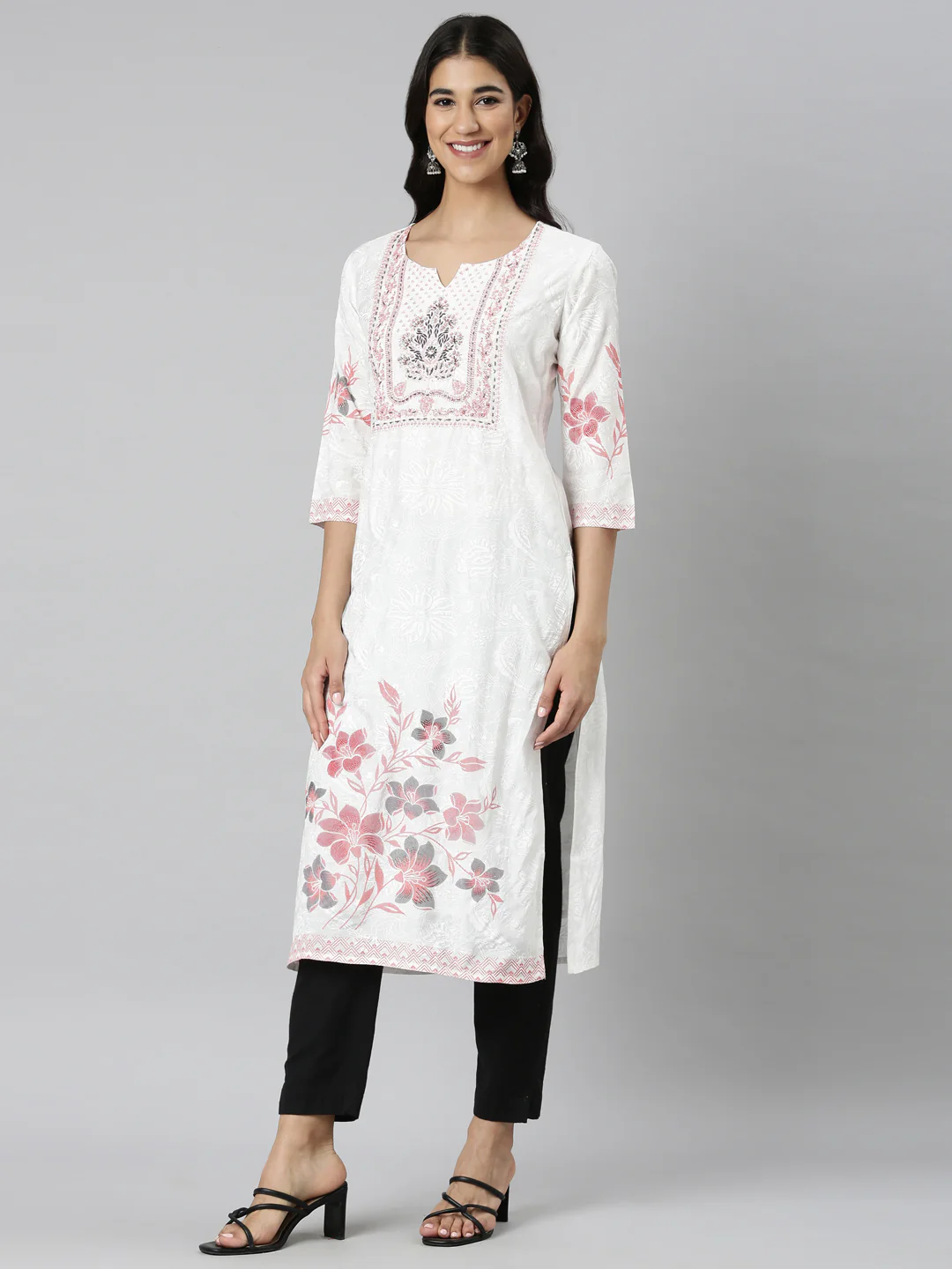 Neerus Orange Casual Floral Straight Kurta - Image 2