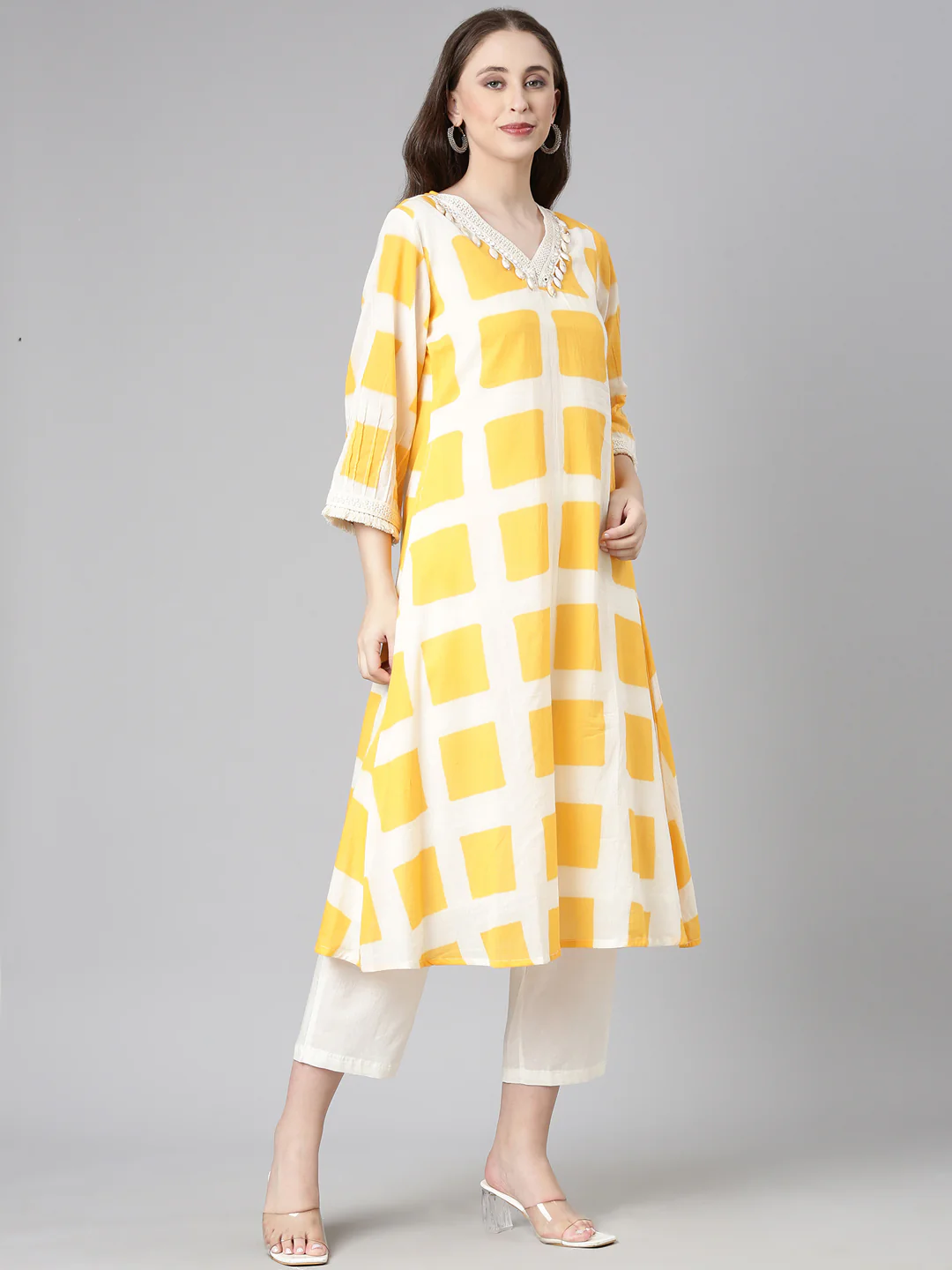 Neerus Orange Checked Straight Kurta and Trousers With Dupatta - Image 2