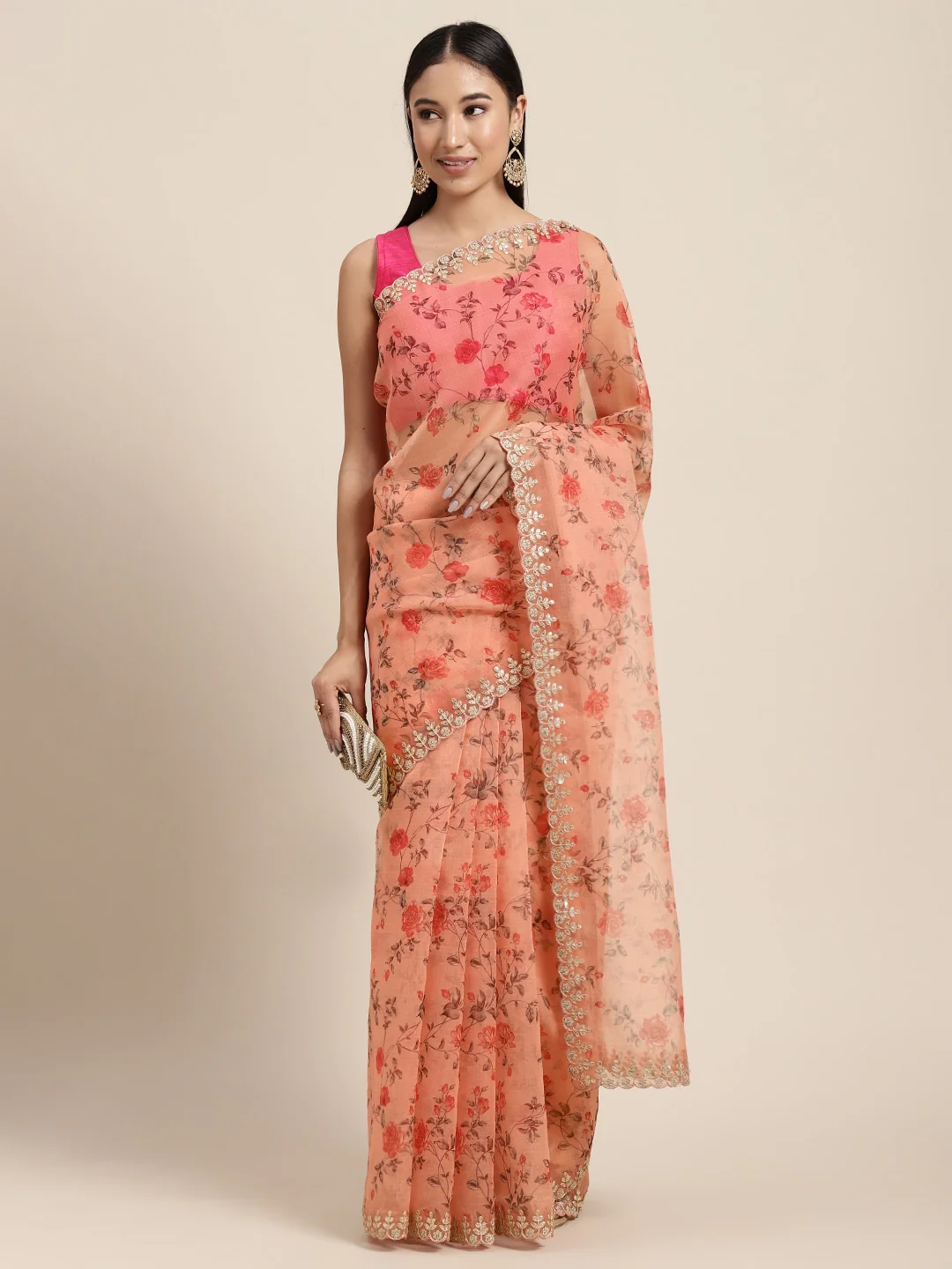 Neerus Orange Color Organza Fabric Saree