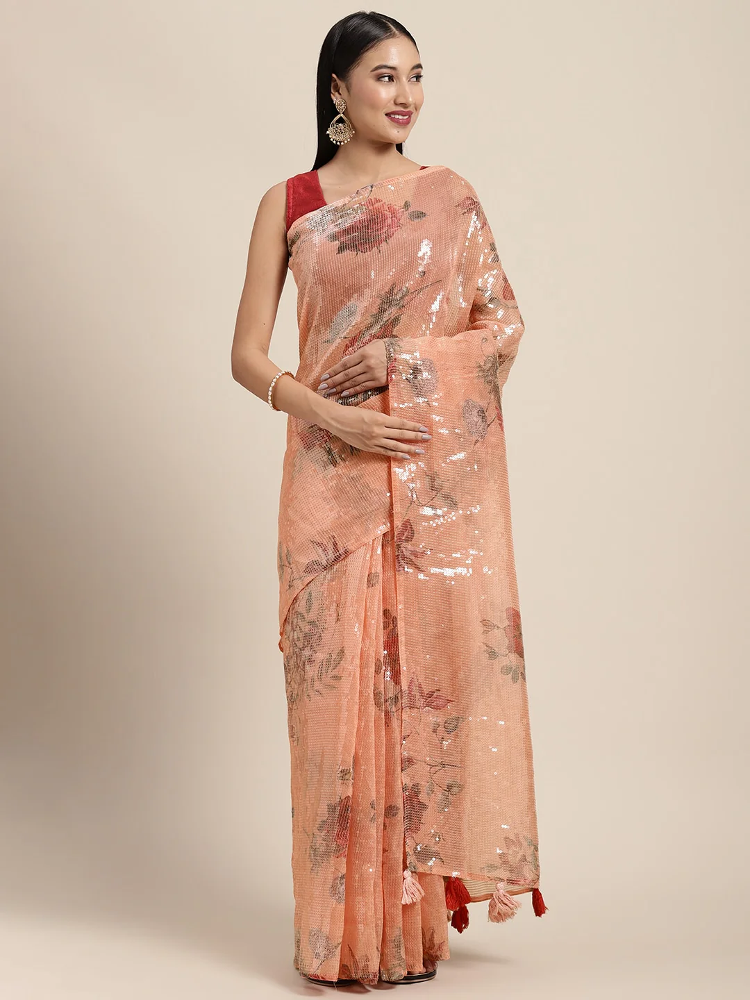Neerus Orange Color Organza Fabric Saree